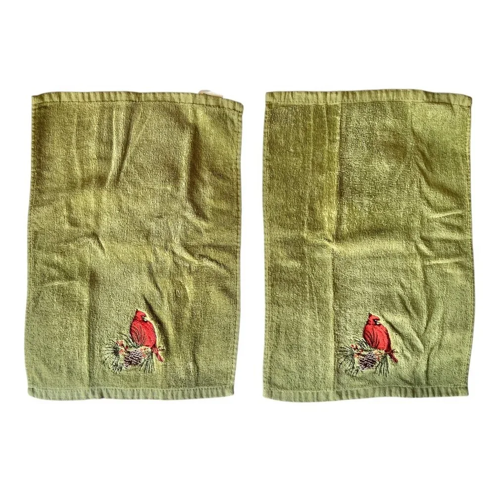 Set Of 2 Green Christmas Hand Towels Red Cardinal Embroidery 17
